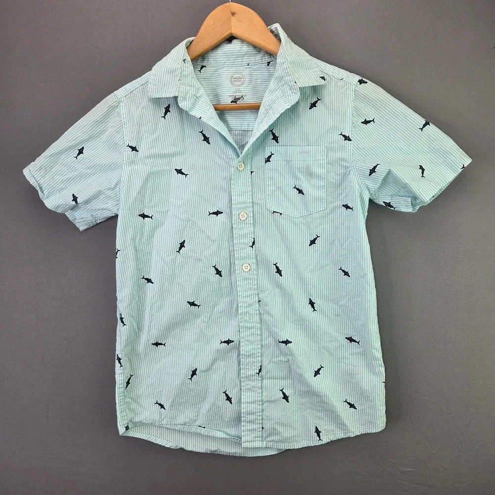 Wonder Nation Boys Button Up Shirt Size L 10-12 Blue Stripe Shark Short Sleeve